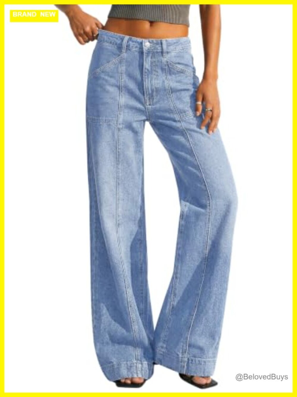 High Waisted Wide Leg Stretchy Straight Leg Baggy Jeans Front Seam Denim Pants - Picture 6 of 7
